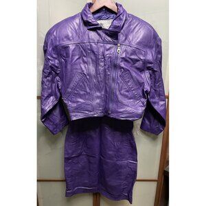 Fiorucci Vintage 80s Purple Leather Pencil Skirt Suit Cropped Moto Jacket Size 4